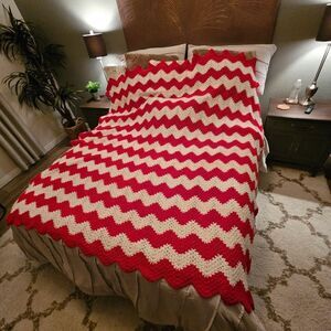 handmade red and white crocheted chevron or ripple throw blanket